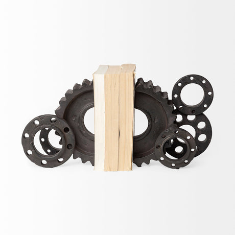 Cogsworth Set of 2 Brown Resin Industrial Gear Bookends by Mercana at Eve Furniture