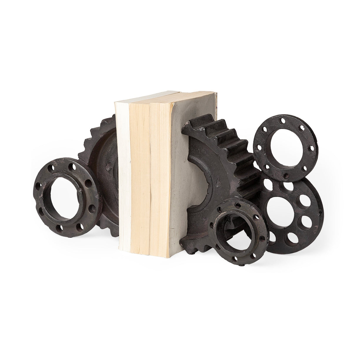 Cogsworth Set of 2 Brown Resin Industrial Gear Bookends by Mercana at Eve Furniture