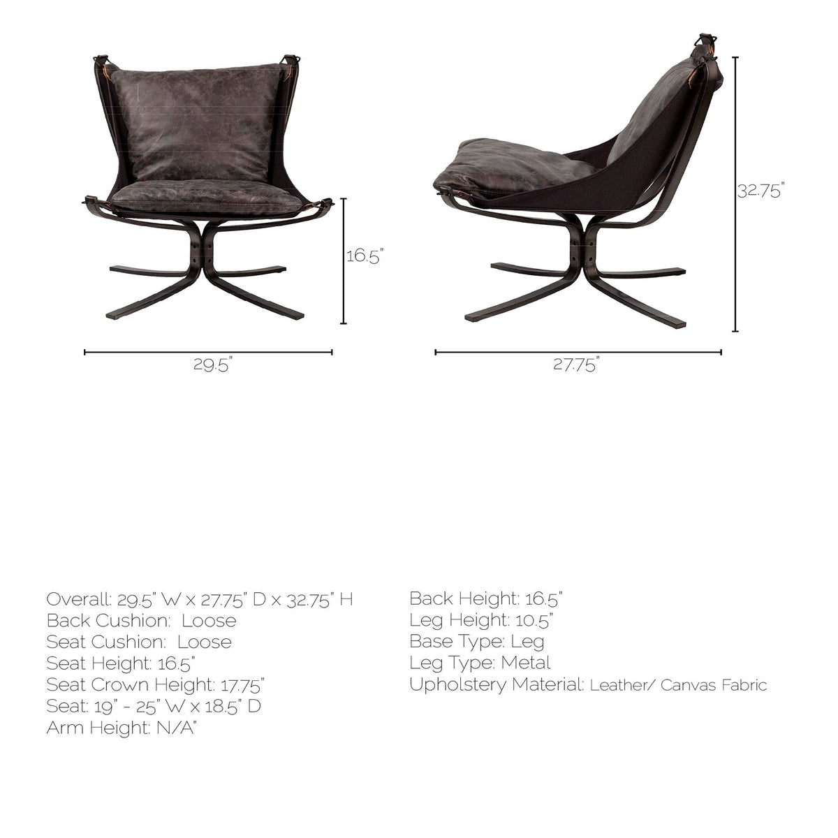Colarado Black Leather Cushions w/ Black Metal Frame Sling-Style Accent Chair by Mercana at Eve Furniture
