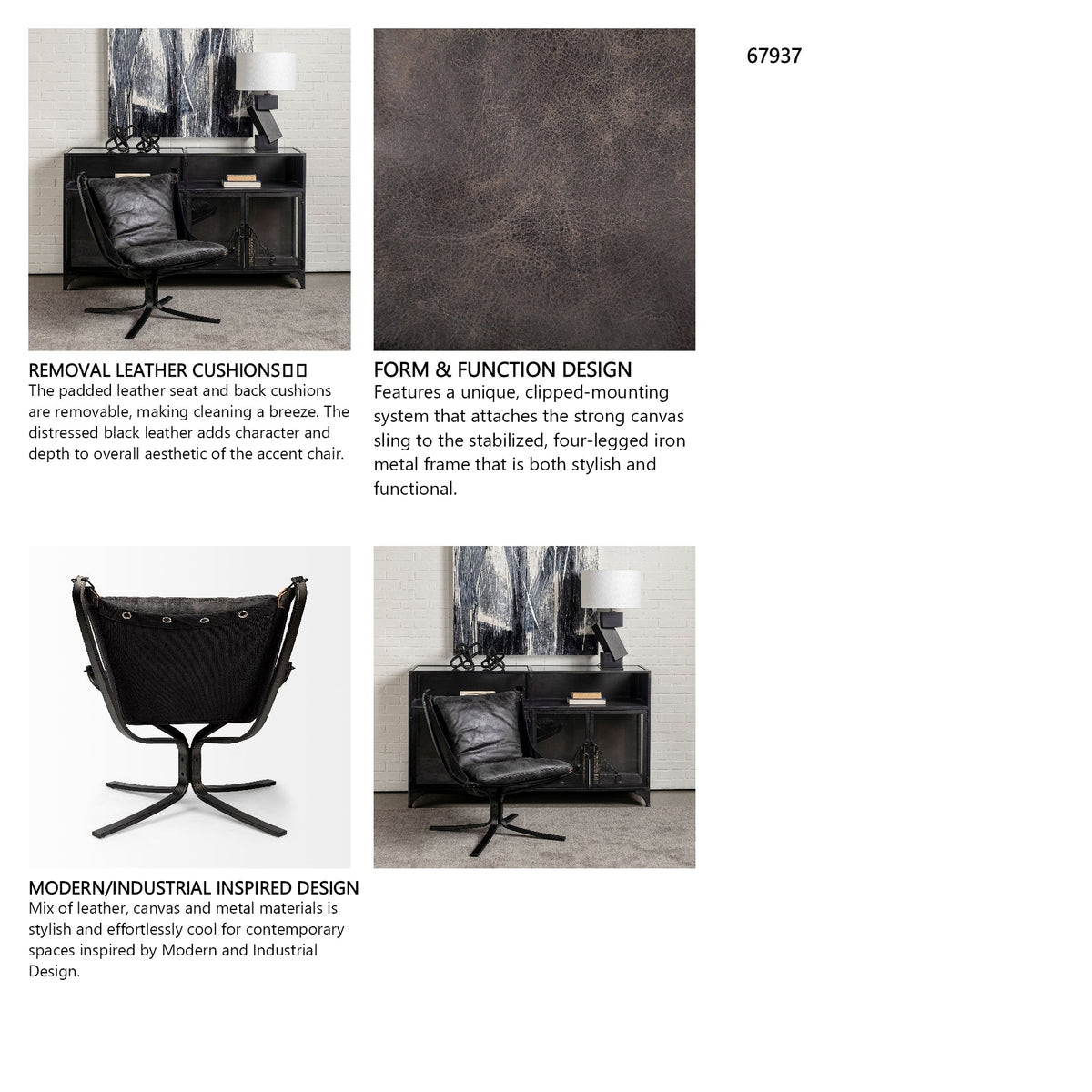 Colarado Black Leather Cushions w/ Black Metal Frame Sling-Style Accent Chair by Mercana at Eve Furniture