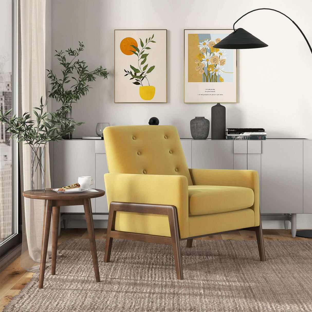 Cole Solid Wood Dark Yellow Velvet Lounge Chair by Ashcroft Furniture at Eve Furniture