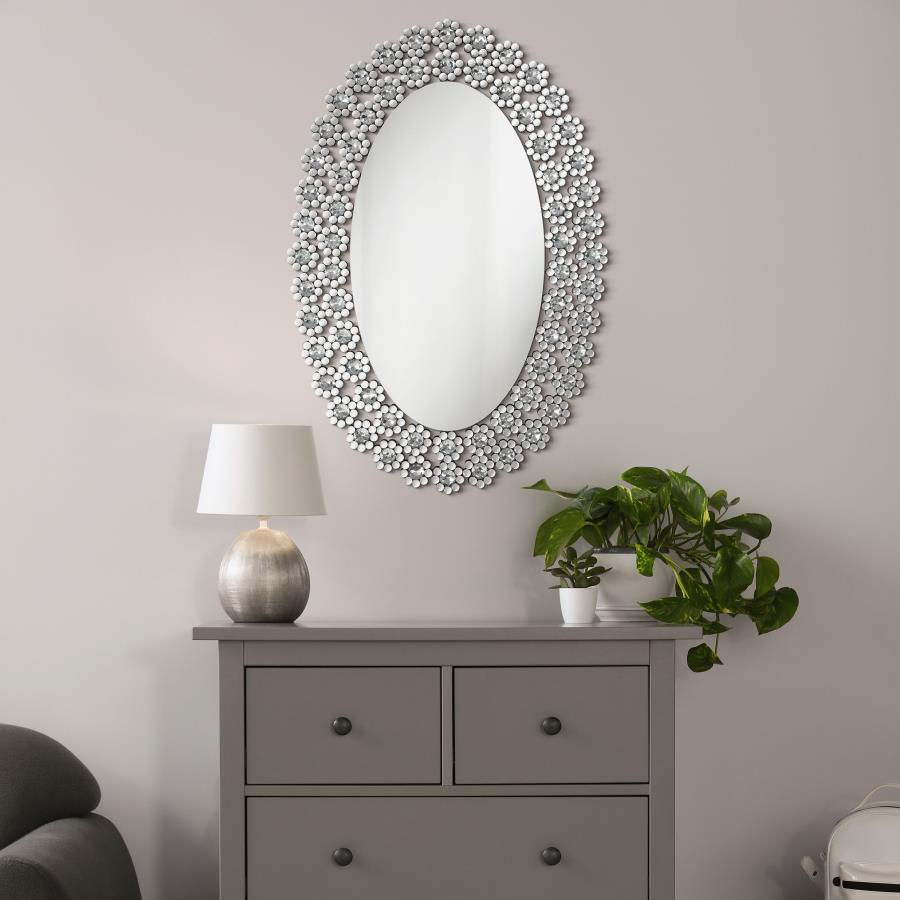 Colleen Oval Wall Mirror with Faux Crystal Blossoms by Coaster at Eve Furniture