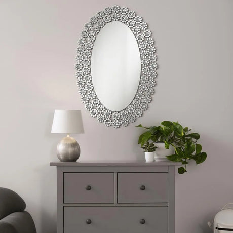 Colleen Oval Wall Mirror with Faux Crystal Blossoms by Coaster at Eve Furniture