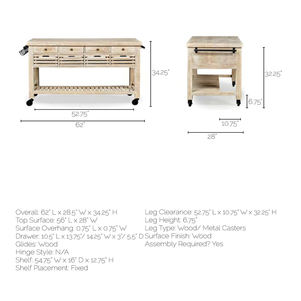 Columbia 62L x 28W x 36H I Light Brown Body w/ Black Iron Knobs Rolling Kitchen Island by Mercana at Eve Furniture
