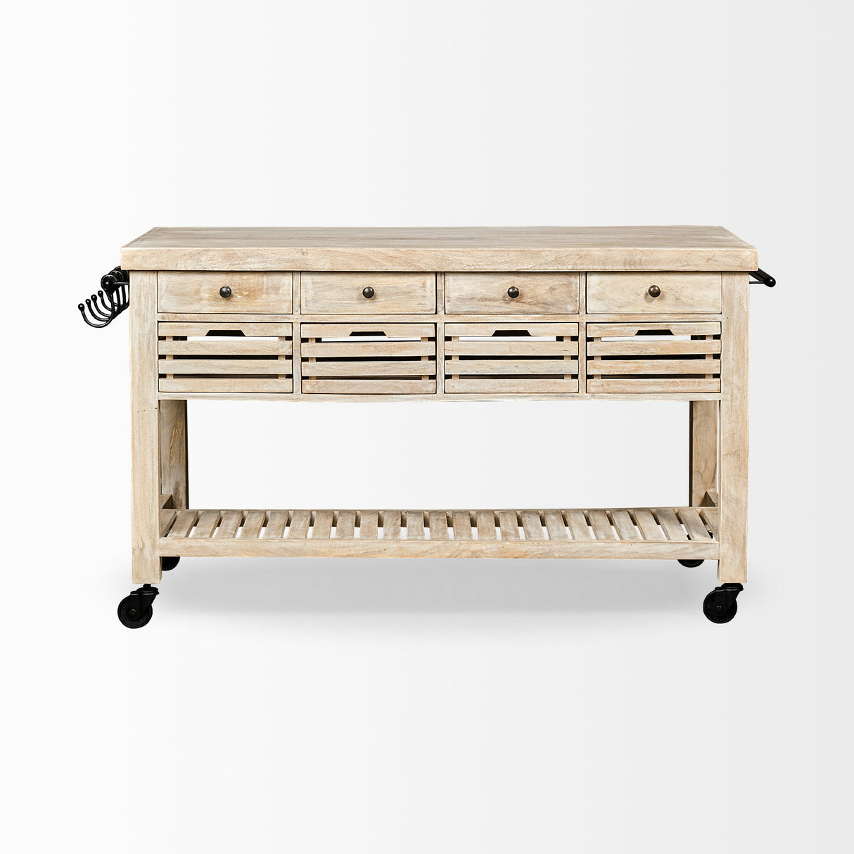Columbia 62L x 28W x 36H I Light Brown Body w/ Black Iron Knobs Rolling Kitchen Island by Mercana at Eve Furniture