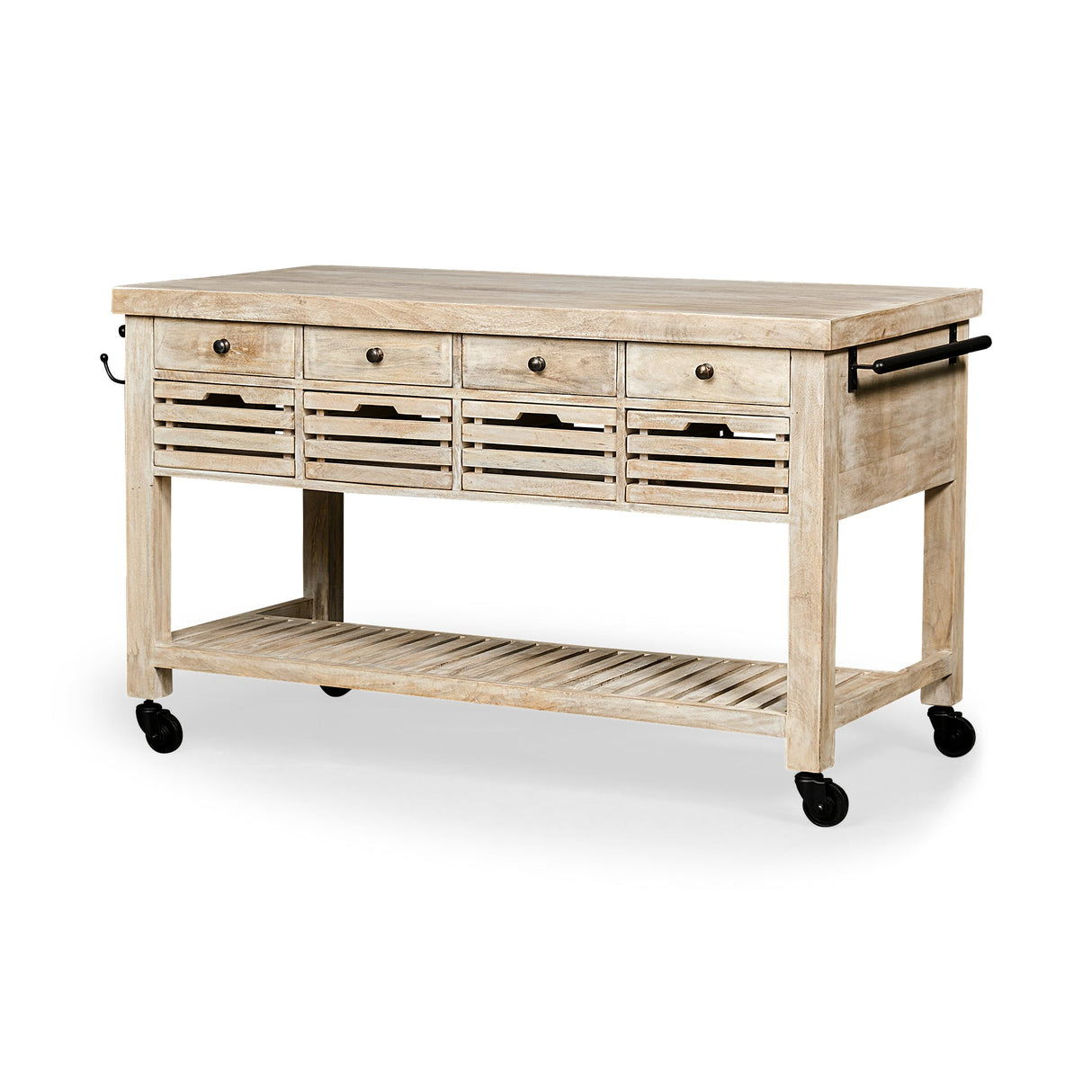 Columbia 62L x 28W x 36H I Light Brown Body w/ Black Iron Knobs Rolling Kitchen Island by Mercana at Eve Furniture