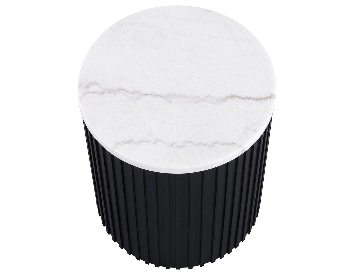 Colvin 18″ Round White Marble Top End Table, Black Finish by Steve Silver at Eve Furniture
