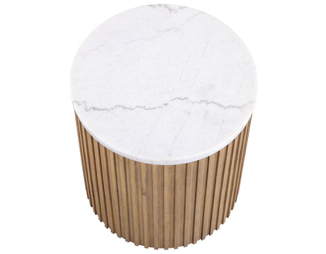 Colvin 18″ Round White Marble Top End Table, Toffee Finish