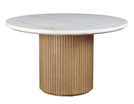 Colvin 52″ Round White Marble Table, Toffee Finish by Steve Silver at Eve Furniture