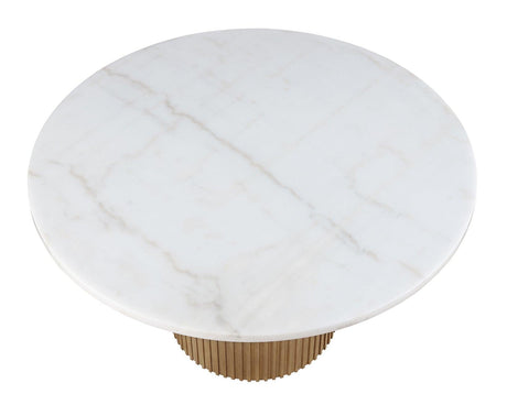 Colvin 52″ Round White Marble Table, Toffee Finish by Steve Silver at Eve Furniture