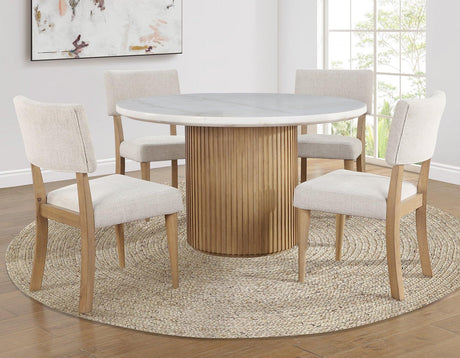 Colvin 52″ Round White Marble Table, Toffee Finish by Steve Silver at Eve Furniture