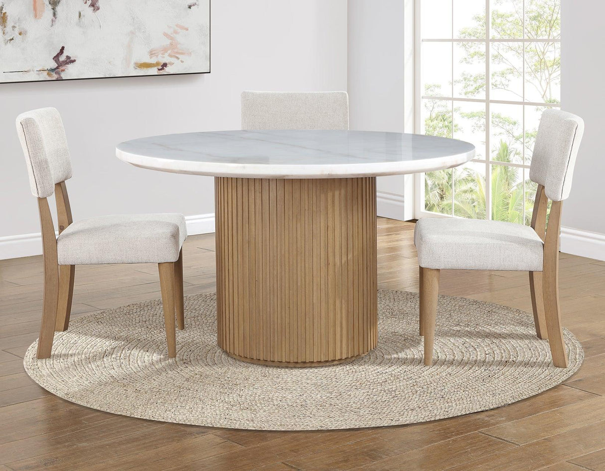 Colvin 52″ Round White Marble Table, Toffee Finish by Steve Silver at Eve Furniture