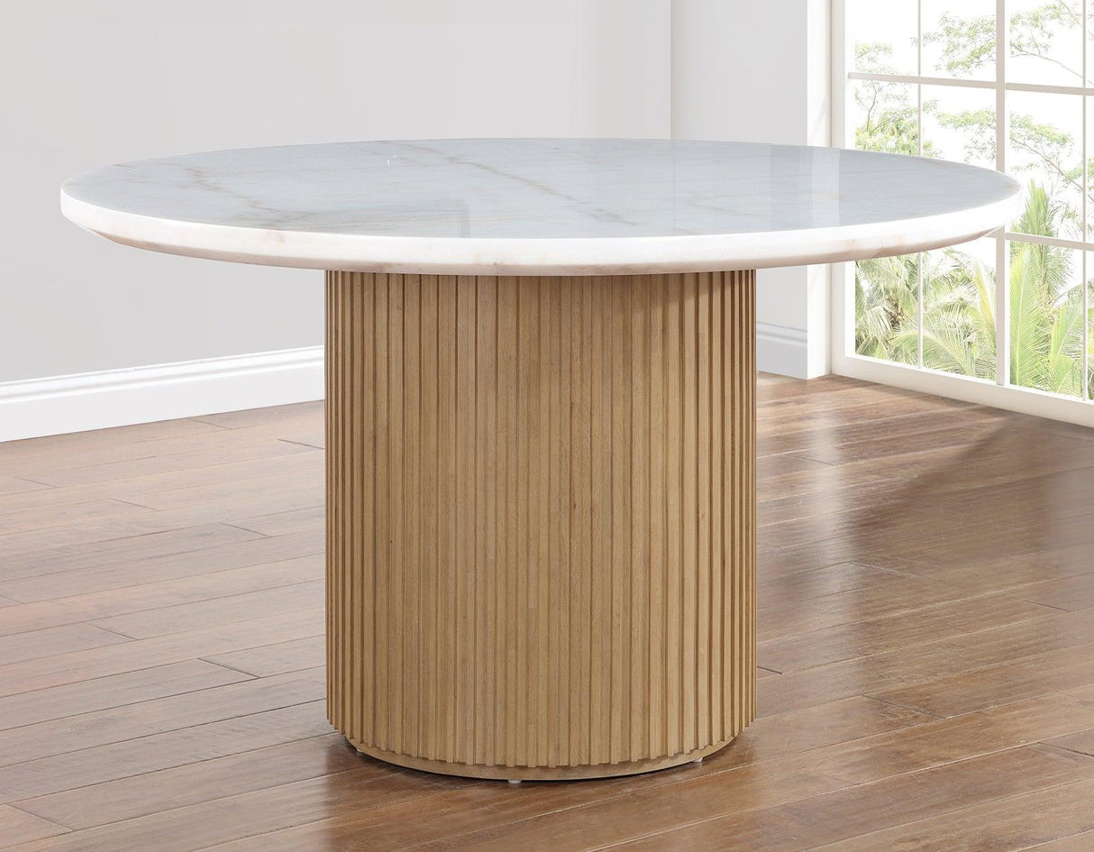 Colvin 52″ Round White Marble Table, Toffee Finish by Steve Silver at Eve Furniture