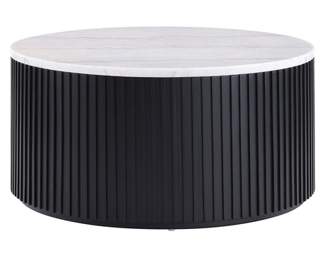 Colvin Black Finish 36″ Round Castered White Marble Top Coffee Table by Steve Silver at Eve Furniture