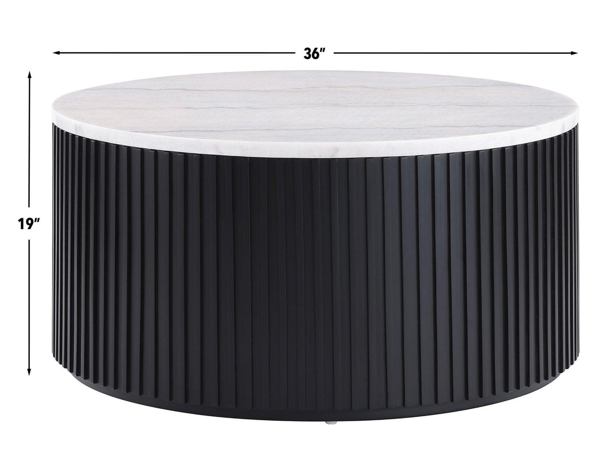 Colvin Black Finish 36″ Round Castered White Marble Top Coffee Table by Steve Silver at Eve Furniture
