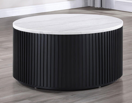 Colvin Black Finish 36″ Round Castered White Marble Top Coffee Table by Steve Silver at Eve Furniture