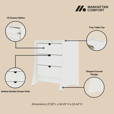 Coney 3-Piece Dresser and 2 Nightstands in White by Manhattan Comfort at Eve Furniture