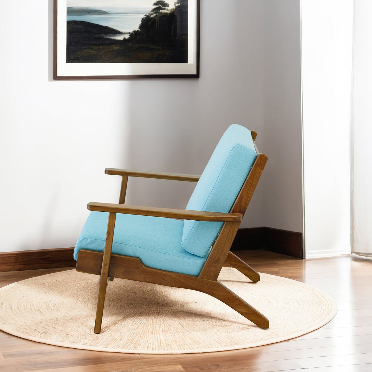 Connor Solid Wood Linen Lounge Chair - Sky Blue by Ashcroft Furniture at Eve Furniture