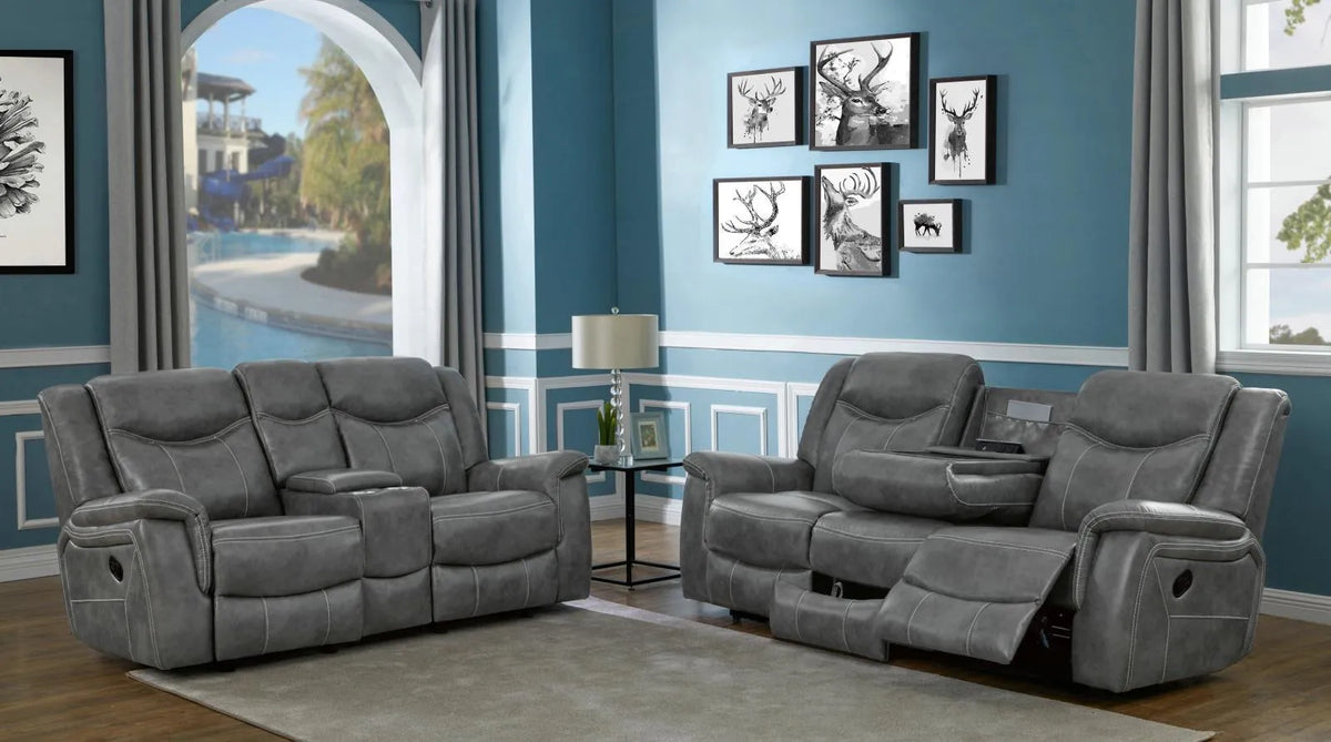 Conrad Grey 2-piece Upholstered Padded Arm Motion Sofa Set by Coaster at Eve Furniture