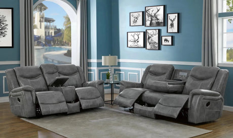 Conrad Grey 2-piece Upholstered Padded Arm Motion Sofa Set by Coaster at Eve Furniture