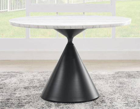 Conrad 48″White Marble Top Table with Black Conical Base by Steve Silver at Eve Furniture