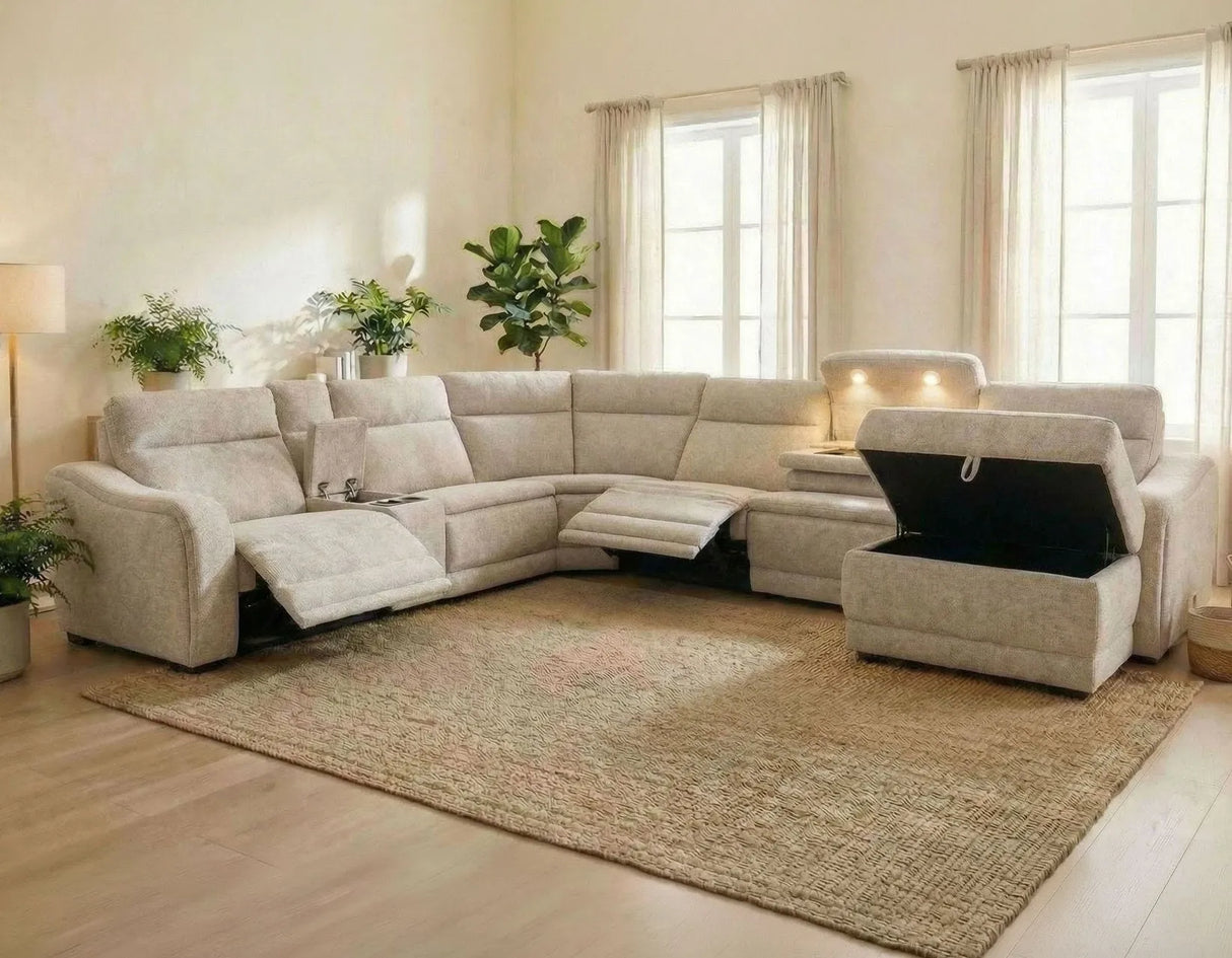 Conroe Cobblestone Dual-Power 7-Piece Reclining Sectional with Chaise by Steve Silver at Eve Furniture