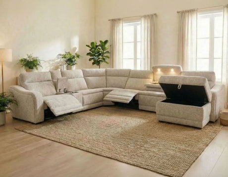 Conroe Cobblestone Dual-Power 7-Piece Reclining Sectional with Chaise by Steve Silver at Eve Furniture