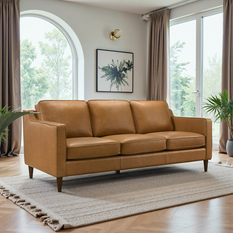 Cooper Mid Century Modern Tan Leather Sofa by Ashcroft Furniture at Eve Furniture