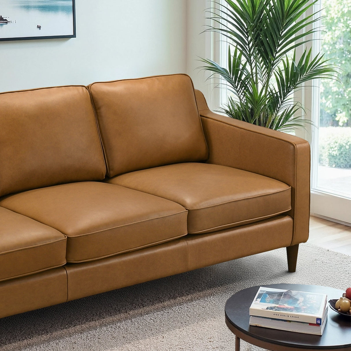 Cooper Mid Century Modern Tan Leather Sofa by Ashcroft Furniture at Eve Furniture