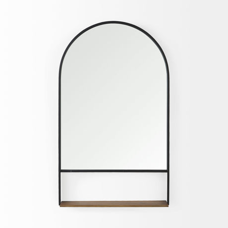 Cora Black Metal Frame W/ Brown Wooden Shelf Arched Wall Mirror by Mercana at Eve Furniture