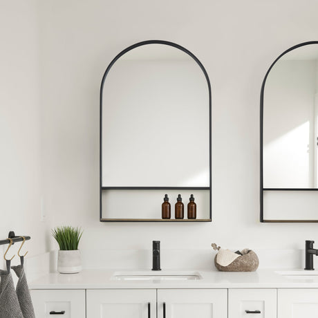 Cora Black Metal Frame W/ Brown Wooden Shelf Arched Wall Mirror by Mercana at Eve Furniture