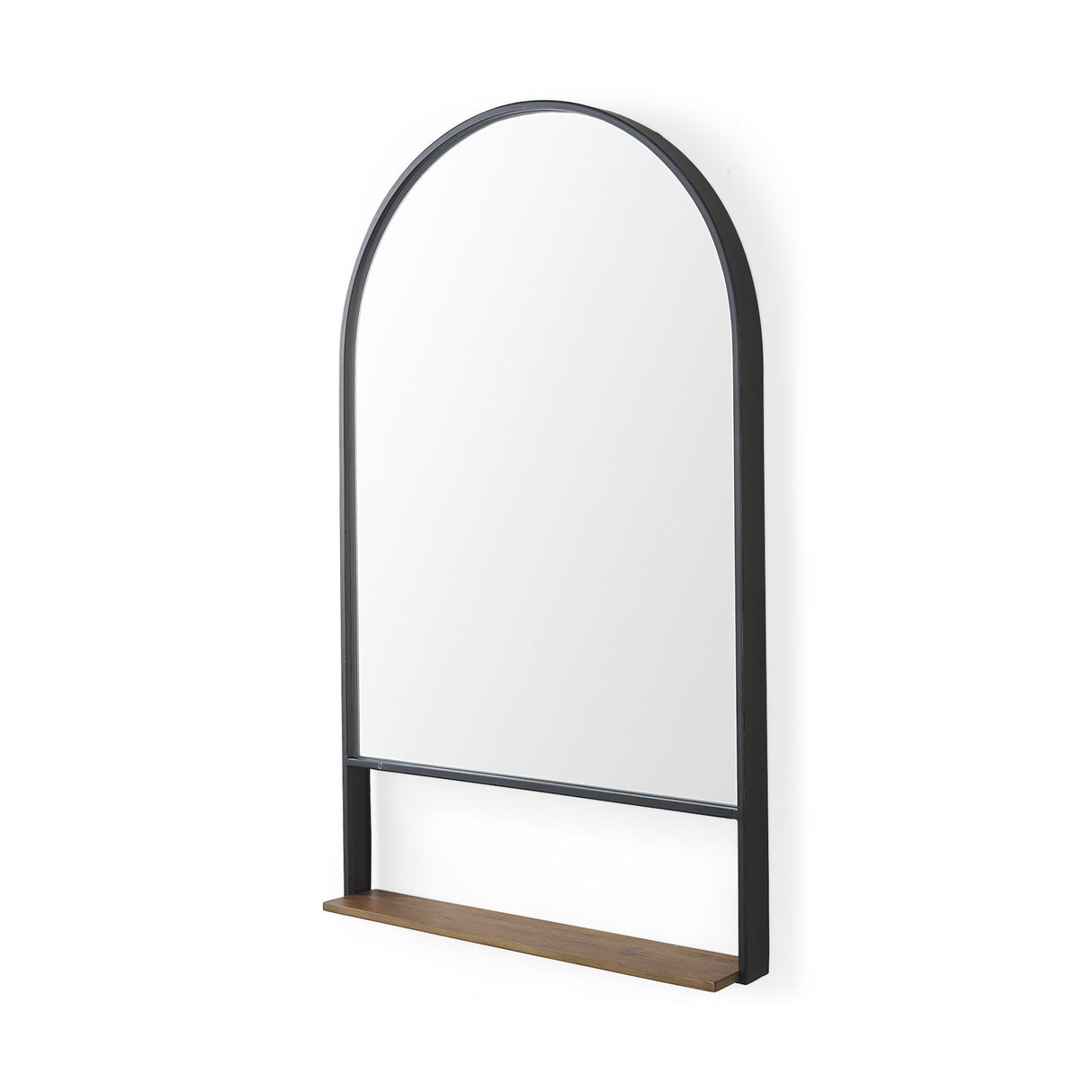 Cora Black Metal Frame W/ Brown Wooden Shelf Arched Wall Mirror by Mercana at Eve Furniture