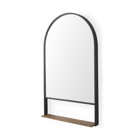 Cora Black Metal Frame W/ Brown Wooden Shelf Arched Wall Mirror by Mercana at Eve Furniture