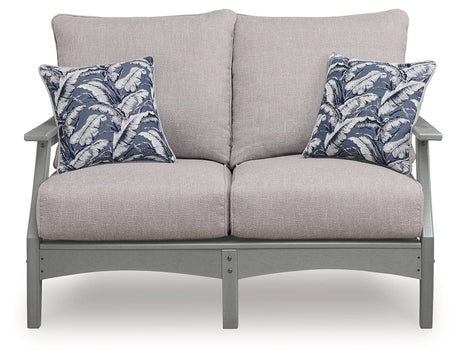 Cove Beach Gray Outdoor Sofa and Loveseat with Coffee Table by Ashley at Eve Furniture