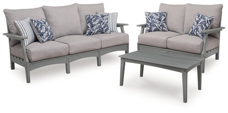 Cove Beach Gray Outdoor Sofa and Loveseat with Coffee Table by Ashley at Eve Furniture