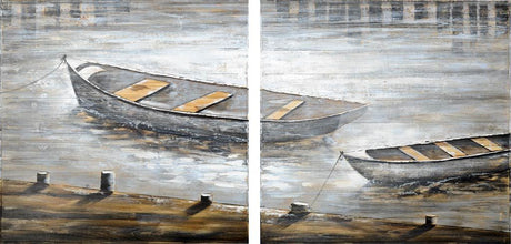 Creekside Diptych Boats Original Hand Painted on Wood Oil Painting by Mercana at Eve Furniture