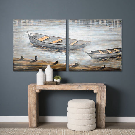 Creekside Diptych Boats Original Hand Painted on Wood Oil Painting by Mercana at Eve Furniture