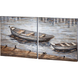 Creekside Diptych Boats Original Hand Painted on Wood Oil Painting by Mercana at Eve Furniture