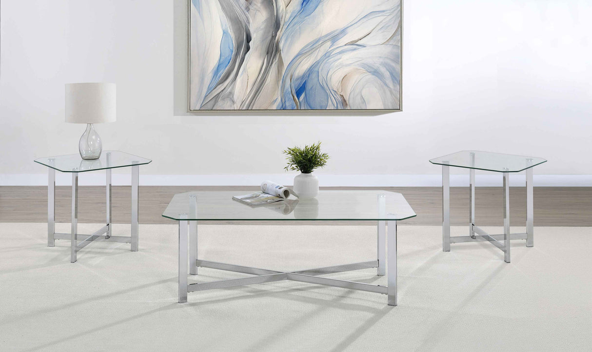 Cronin Chrome 3-piece Tempered Glass Top Coffee Table Set by Coaster at Eve Furniture