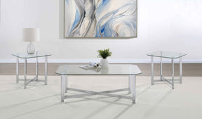 Cronin Chrome 3-piece Tempered Glass Top Coffee Table Set by Coaster at Eve Furniture