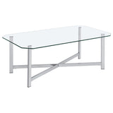Cronin Chrome Rectangular Tempered Glass Top Cocktail Coffee Table by Coaster at Eve Furniture