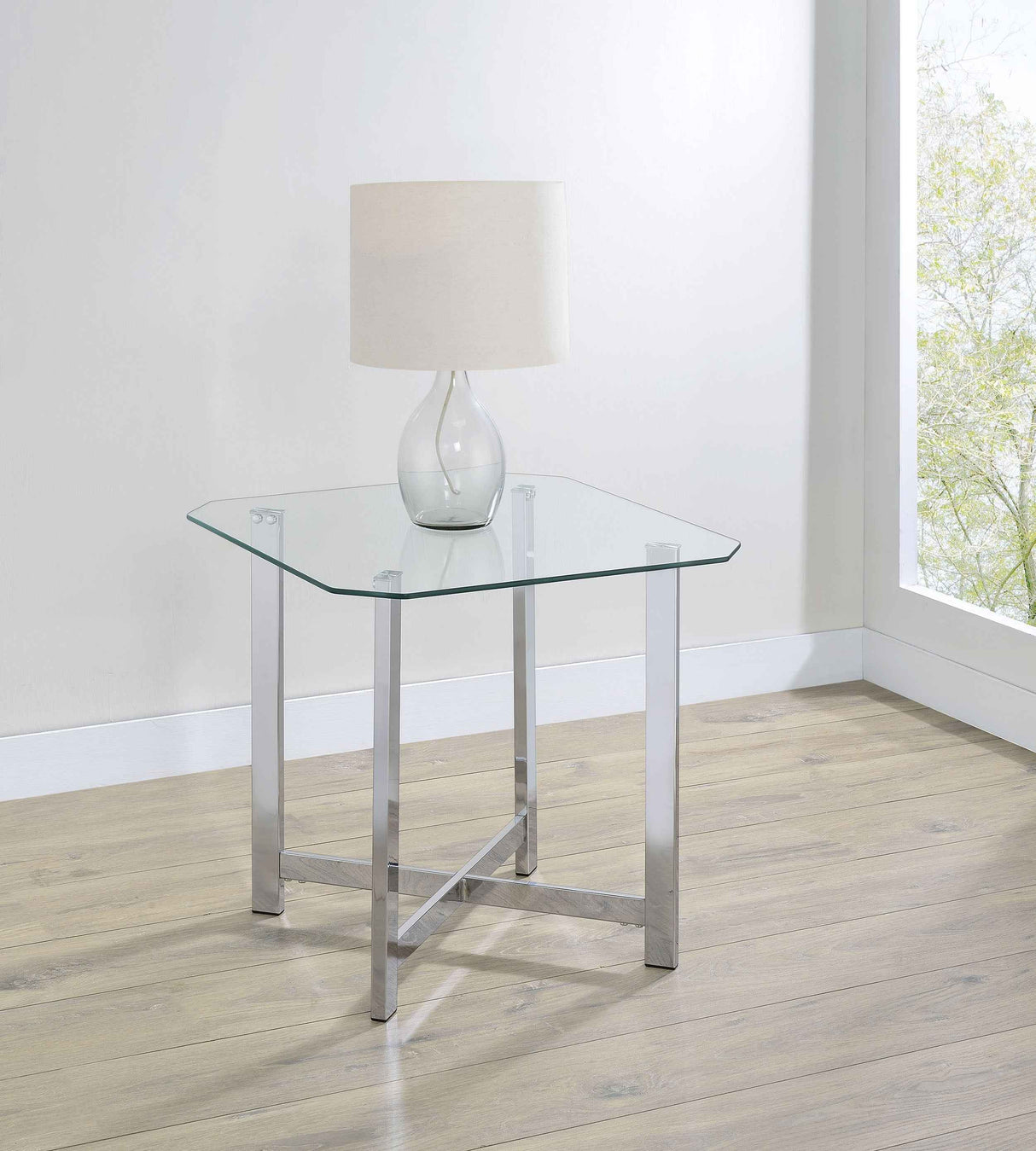 Cronin Chrome Square Tempered Glass Top Side End Table by Coaster at Eve Furniture