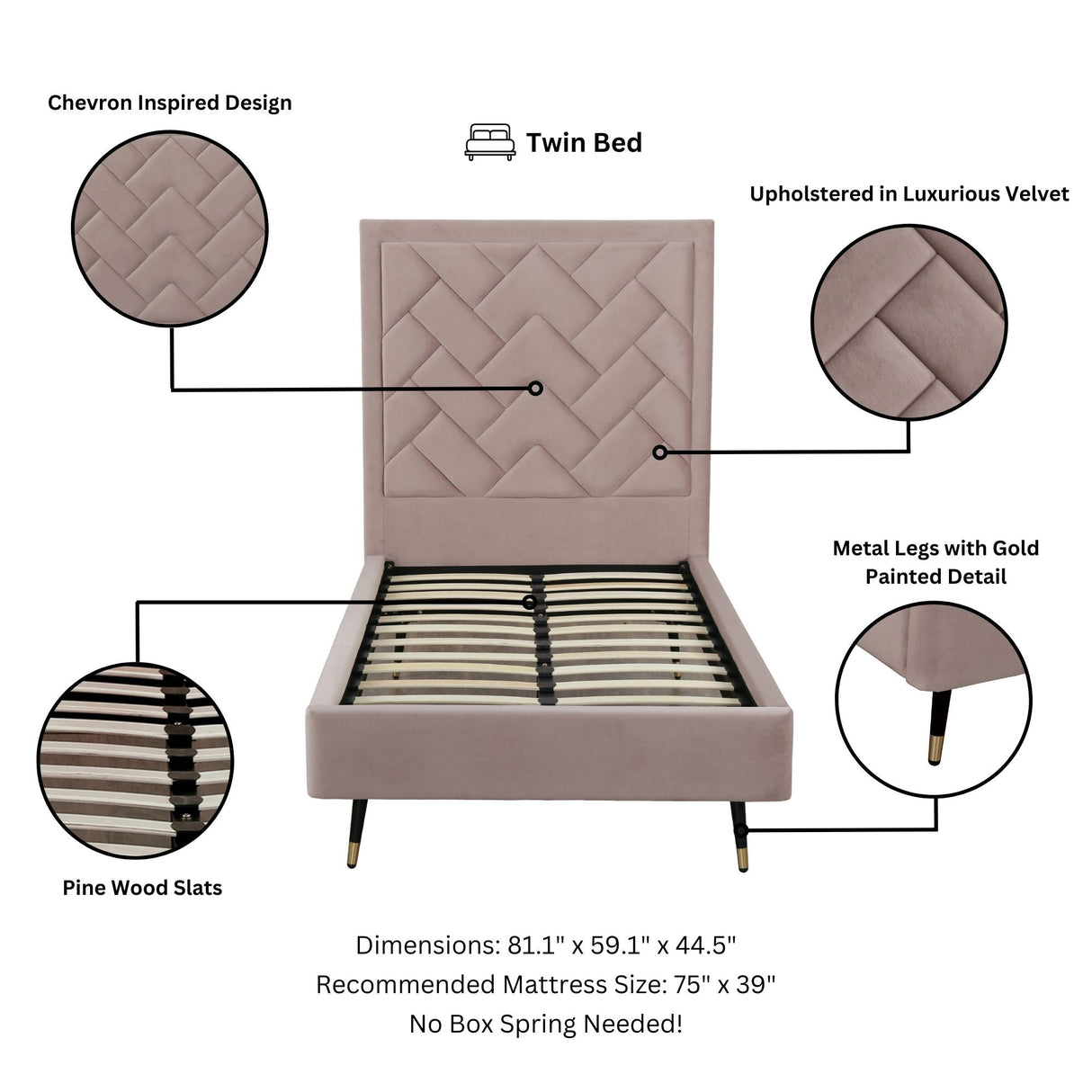Crosby Twin-Size Bed in Blush by Manhattan Comfort at Eve Furniture