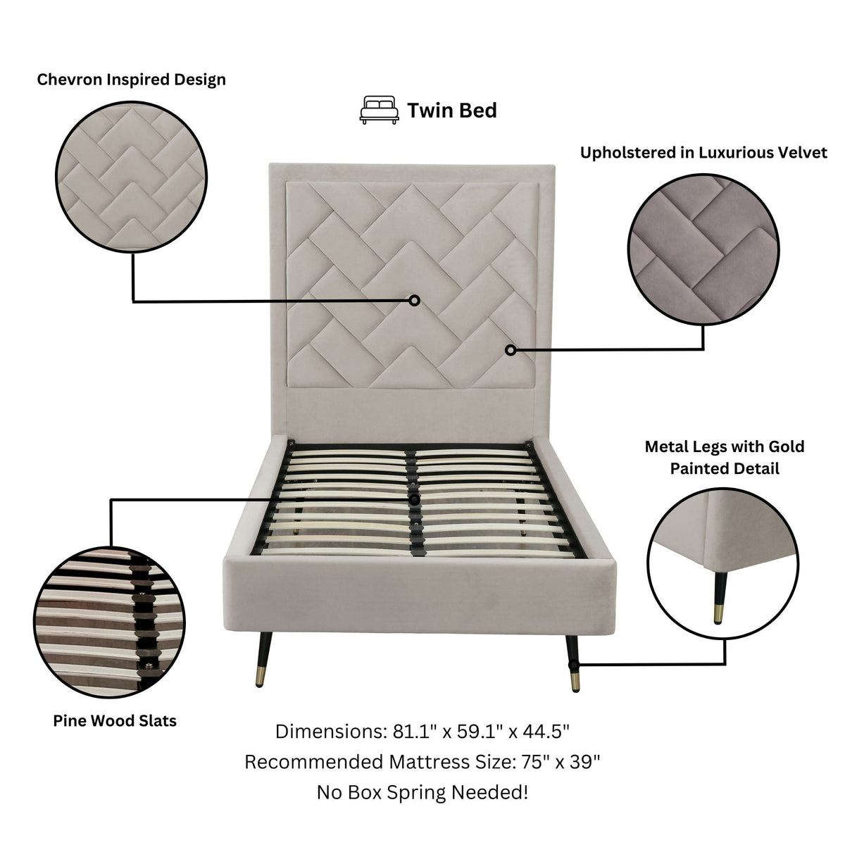 Crosby Twin-Size Bed in Greige by Manhattan Comfort at Eve Furniture