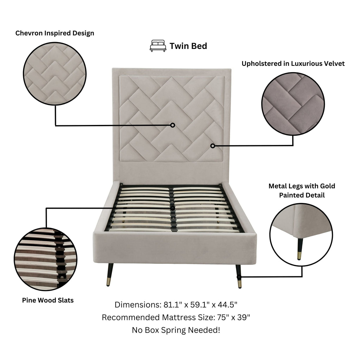 Crosby Twin-Size Bed in Greige by Manhattan Comfort at Eve Furniture
