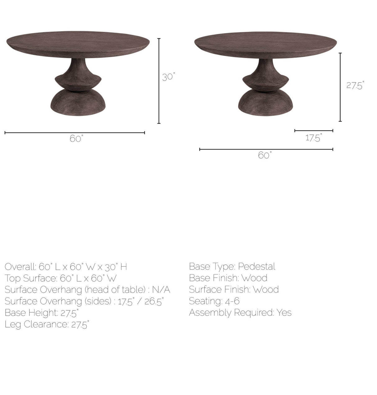 Crossman Round Dark Brown/Gray Solid Wood Table Top & Base Dining Table by Mercana at Eve Furniture