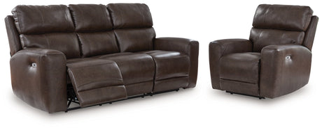 Crossplex Dark Brown Power Reclining Sofa and Power Recliner by Ashley at Eve Furniture
