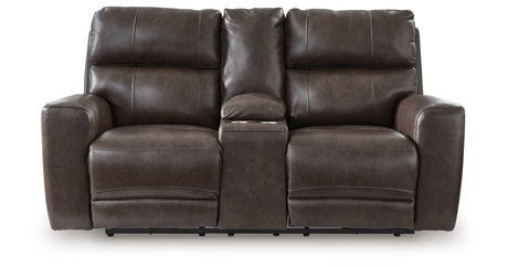 Crossplex Smoke Power Reclining Loveseat with Console by Ashley at Eve Furniture