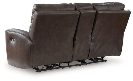 Crossplex Smoke Power Reclining Loveseat with Console by Ashley at Eve Furniture