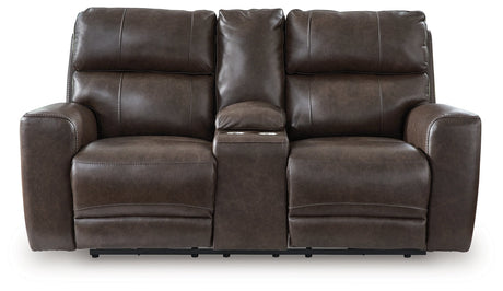 Crossplex Smoke Power Reclining Loveseat with Console by Ashley at Eve Furniture